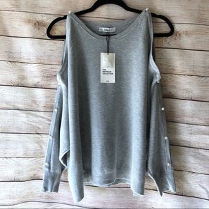 Zara Knit Long Sleeve Cold Shoulder Pearl Top NWT
